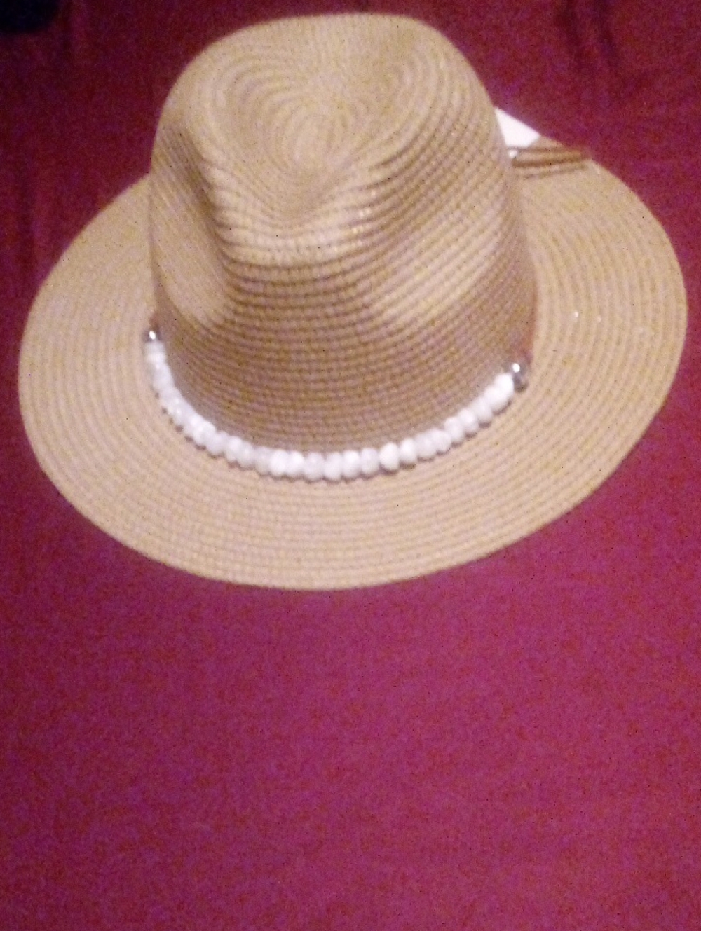 Tan Woven Fedora Hat with White Bead Trim